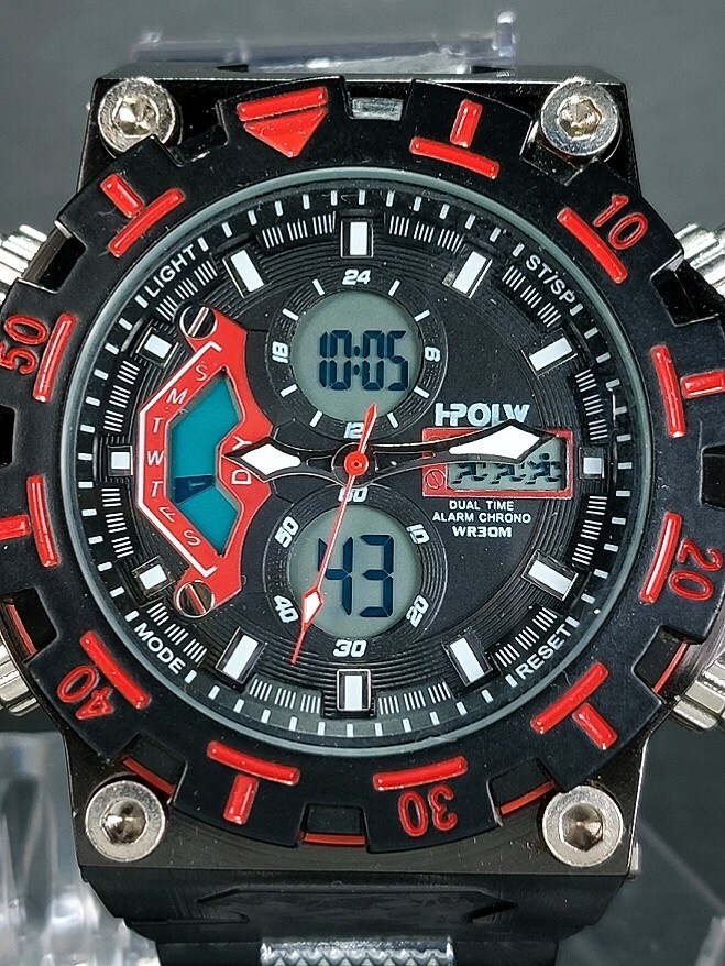 HPOLW SPORT スポーツ FS-628 デジアナ 腕時計 ブラック ビッグフェイス レッド ラバーベルト ステンレス 新品電池交換済み 動作確認済みの画像1