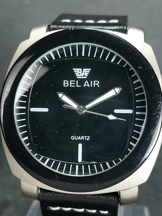 BELAIR ベルエア メンズ アナログ クォーツ 腕時計 3針 ブラック文字盤 ステンレススチール レザーベルト 新品電池交換済み 動作確認済みの画像1