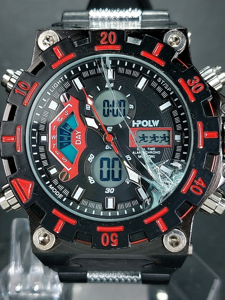 HPOLW SPORT スポーツ FS-628 デジタル アナログ 腕時計 ブラック ビッグフェイス レッド ラバーベルト ステンレススチール 動作確認済み_画像1