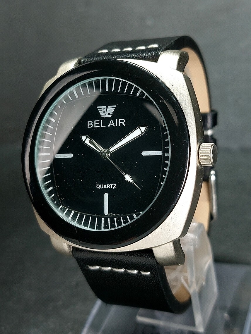 BELAIR ベルエア メンズ アナログ クォーツ 腕時計 3針 ブラック文字盤 ステンレススチール レザーベルト 新品電池交換済み 動作確認済みの画像3
