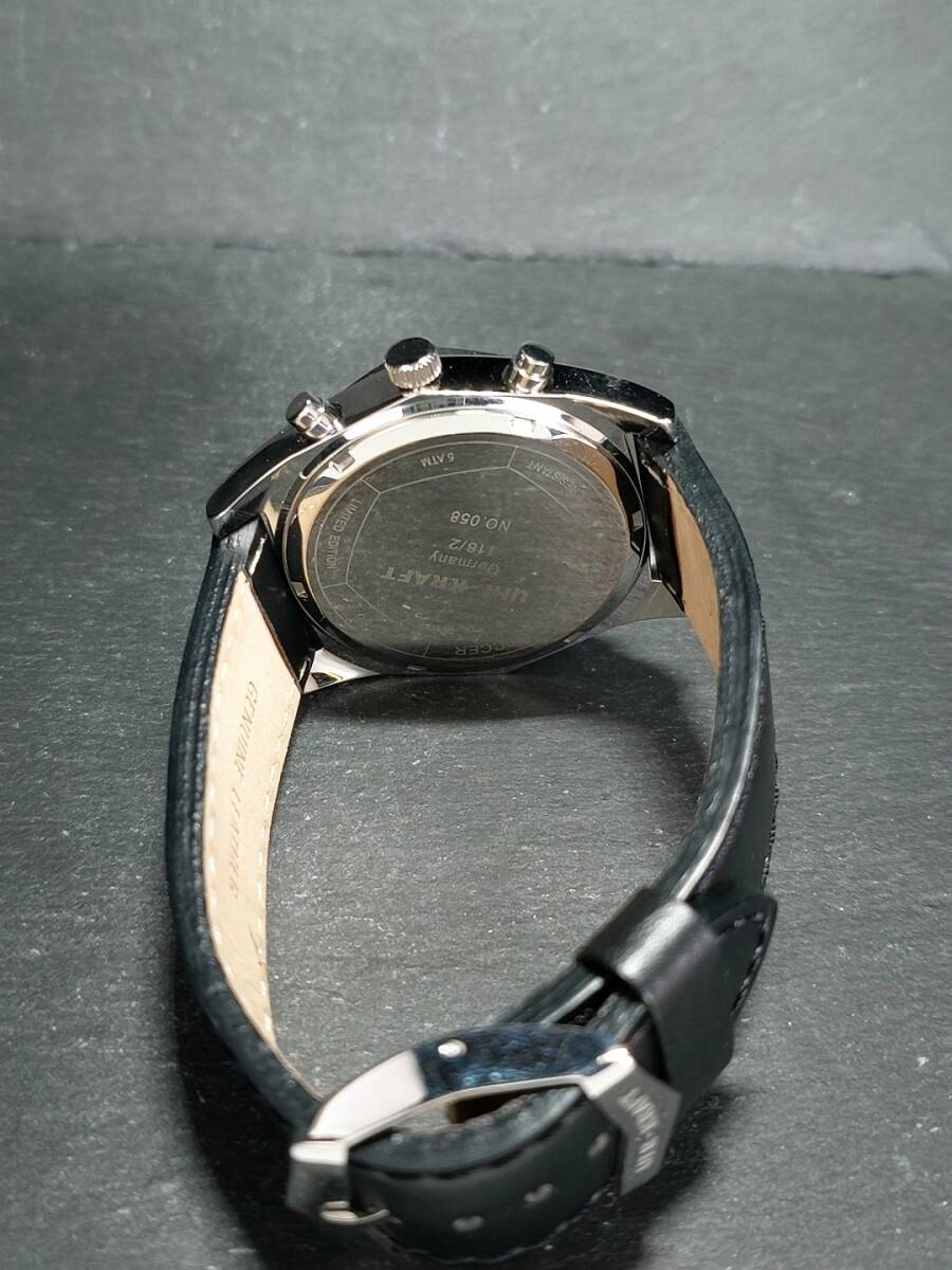 超美品 UHR-KRAFT ウアークラフト 118/2 NO.058 アナログ 腕時計 ブラック文字盤 クロノグラフ デイト レザーベルト ステンレス 電池交換済の画像6