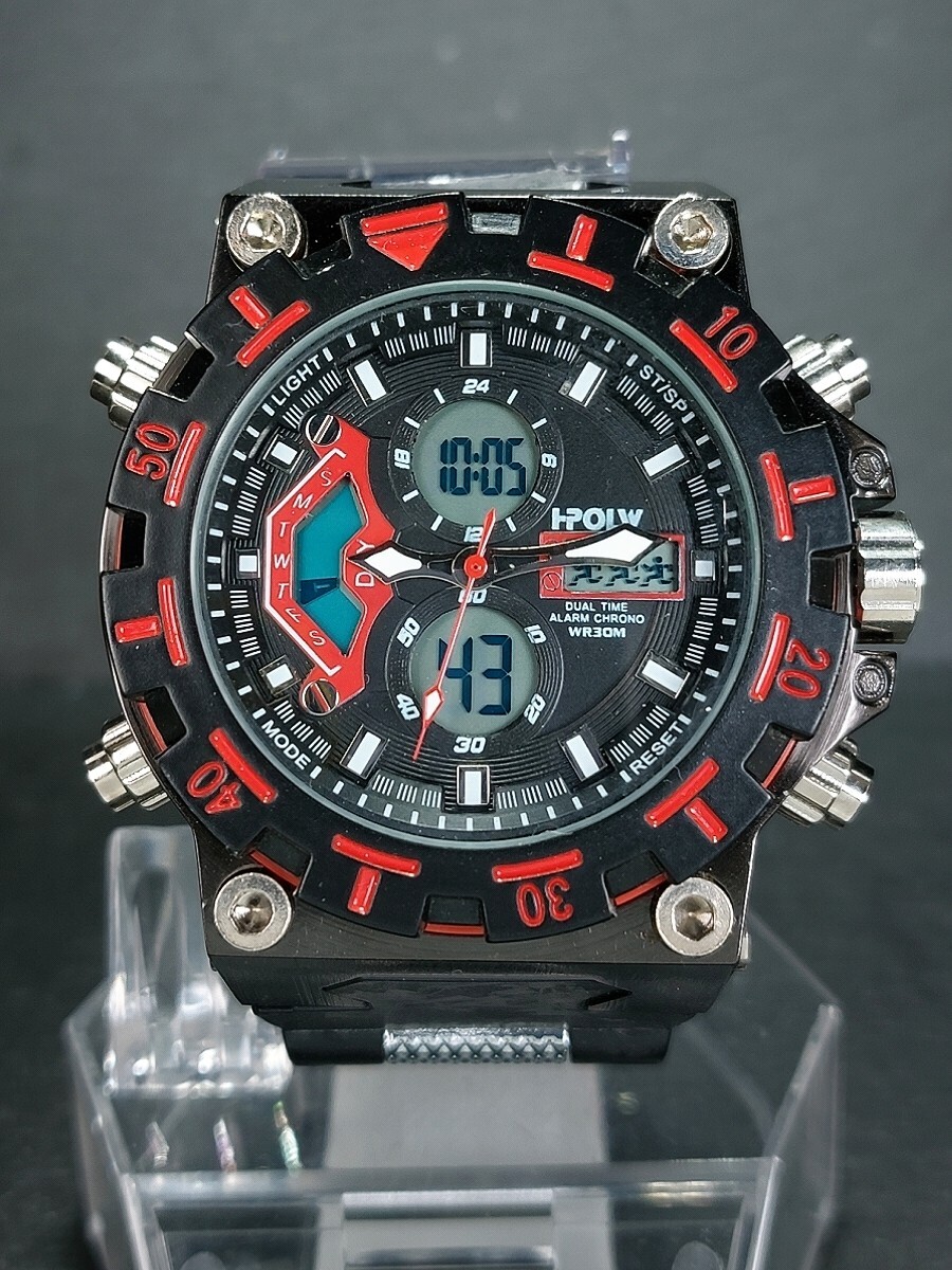 HPOLW SPORT スポーツ FS-628 デジアナ 腕時計 ブラック ビッグフェイス レッド ラバーベルト ステンレス 新品電池交換済み 動作確認済みの画像2