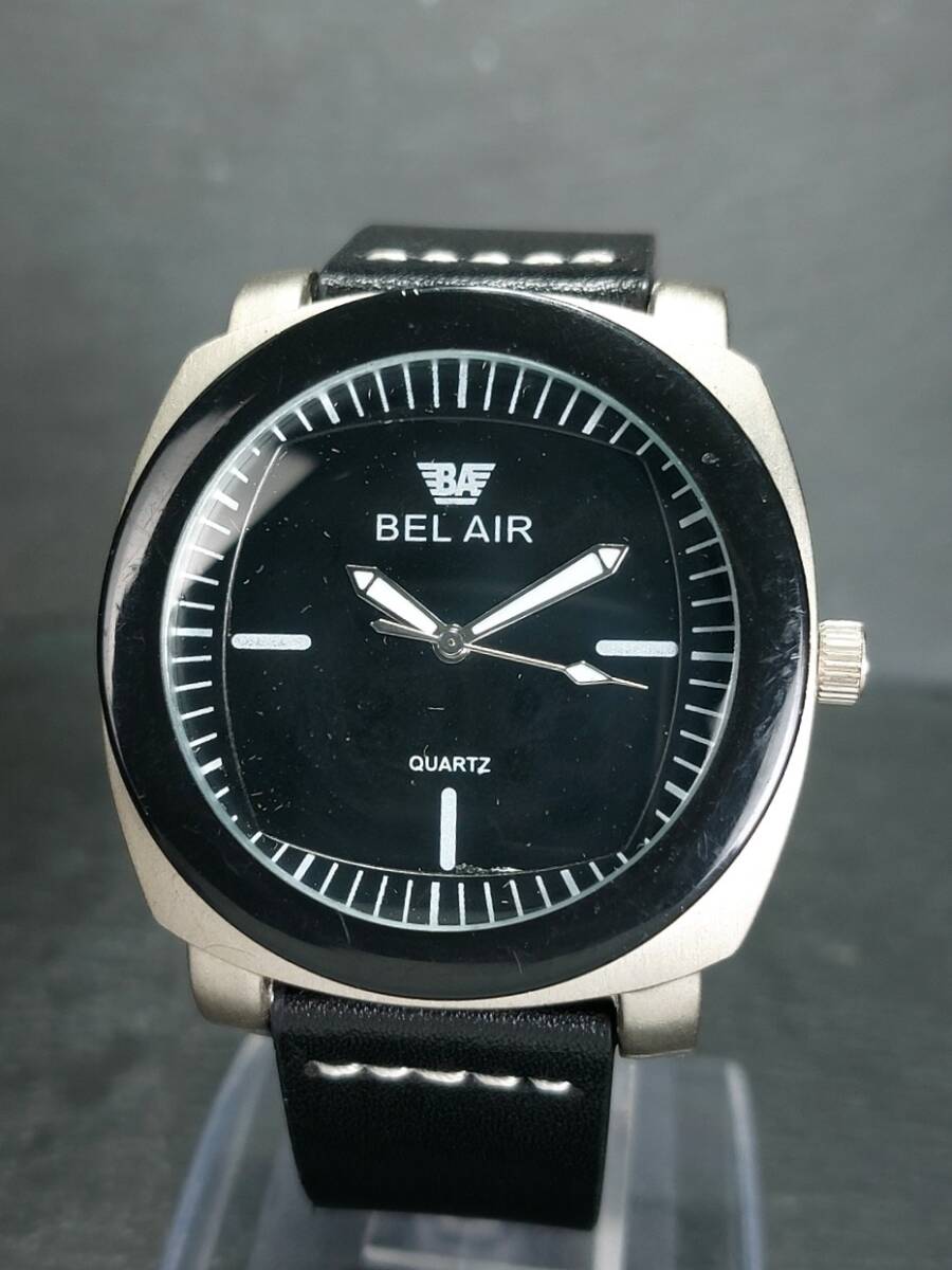 BELAIR ベルエア メンズ アナログ クォーツ 腕時計 3針 ブラック文字盤 ステンレススチール レザーベルト 新品電池交換済み 動作確認済みの画像2