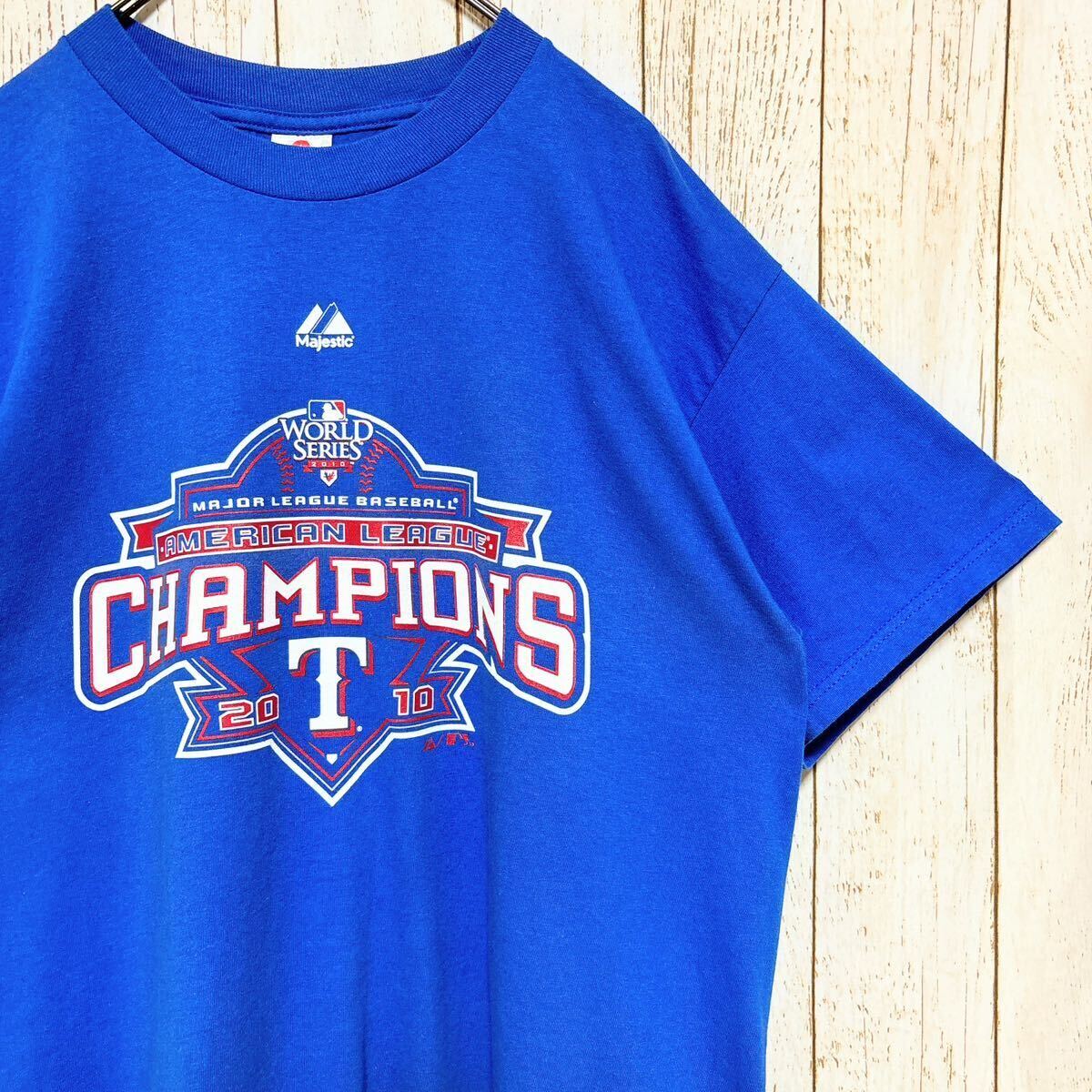 Majestic マジェスティック MLB Texas Rangers テキサス・レンジャーズ プリント Tシャツ L メジャーリーグ USA古着 アメリカ古着の画像1