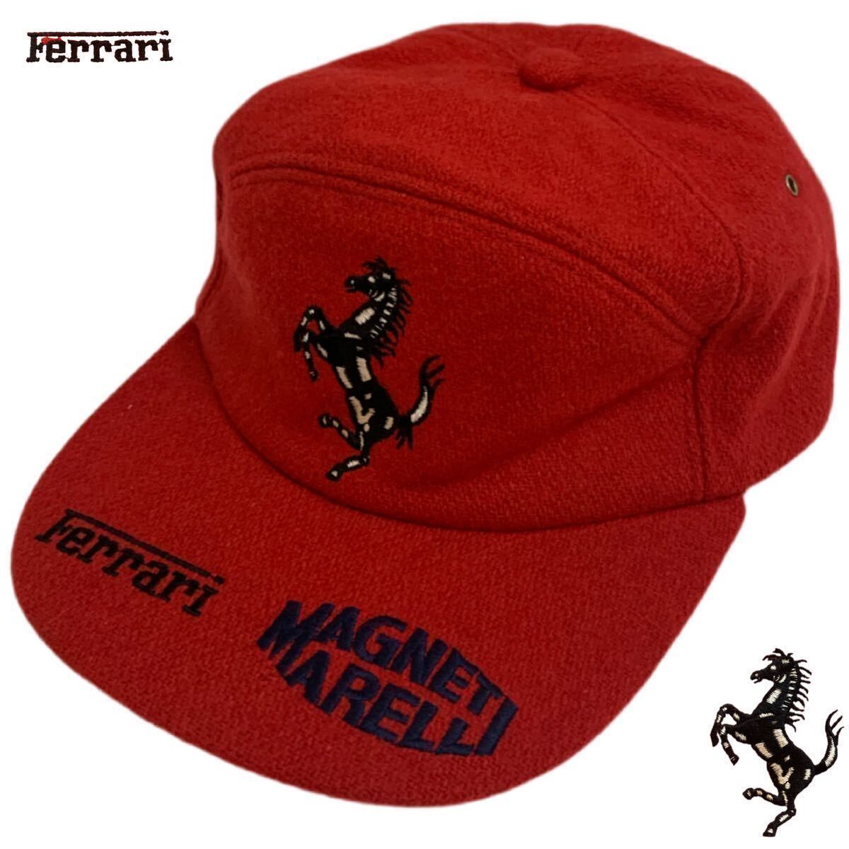 VINTAGE ヴィンテージ Ferrari フェラーリ MAGNETI MARELLI CAP キャップ 帽子 車メーカー 刺繍 アジャスター ウール レッド系 アーカイブ_画像1
