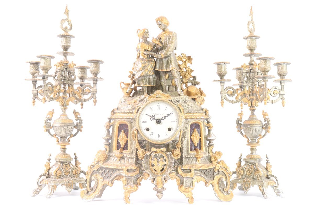 【3点セット】 イタリア製 置時計 キャンドルスタンド アンティーク 燭台 レトロ インテリア ヨーロピアンテイスト 4381-RKの画像1
