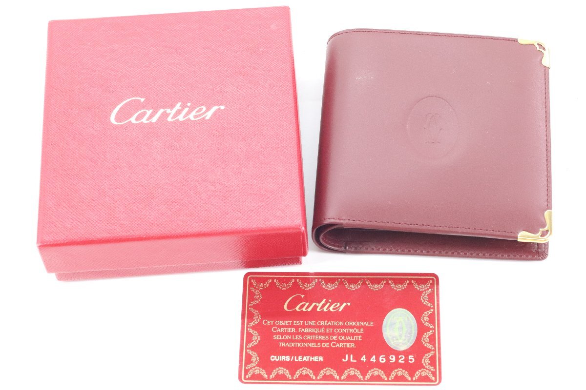 【未使用品】Cartier カルティエ マストライン レザー 二つ折り 財布 ウォレット 小銭入れ メンズ レディース ボルドー系 箱付 4481-Nの画像1