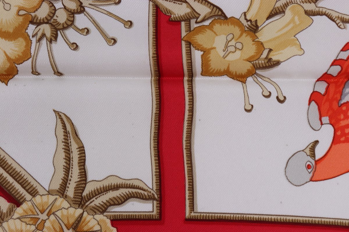 HERMES エルメス カレ90 Caraibes カリブ鳥 赤系 総柄 SILK シルク 100% スカーフ ファッション小物 レディース 4581-K_画像8