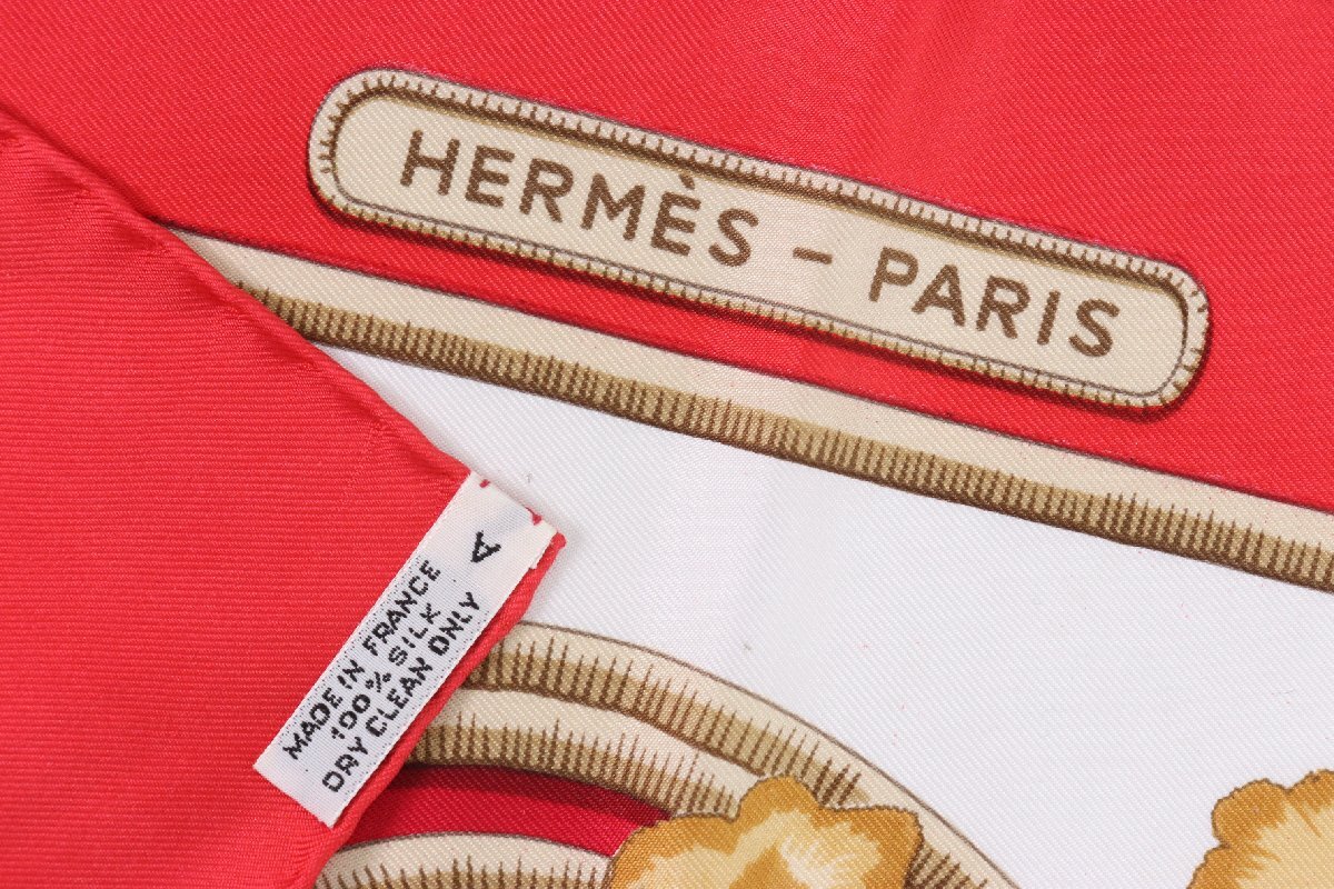 HERMES エルメス カレ90 Caraibes カリブ鳥 赤系 総柄 SILK シルク 100% スカーフ ファッション小物 レディース 4581-K_画像3