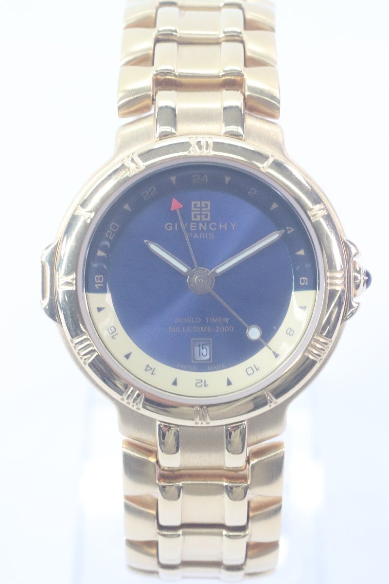 GIVENCHY ジバンシー 西暦2000年記念モデル MILLESIME 2000 クォーツ 青文字盤 メンズ 腕時計 ゴールドカラー 箱有 4178-HAの画像2