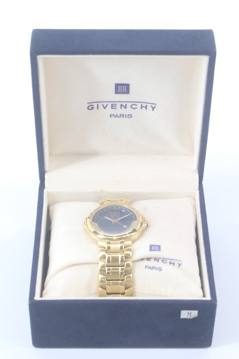 GIVENCHY ジバンシー 西暦2000年記念モデル MILLESIME 2000 クォーツ 青文字盤 メンズ 腕時計 ゴールドカラー 箱有 4178-HAの画像1