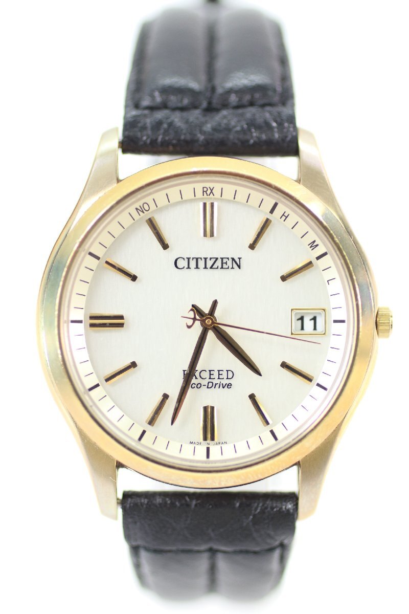 CITIZEN シチズン エクシード エコドライブ H111-TO15875 デイト 電波ソーラー ゴールドカラー メンズ 腕時計 箱有 社外ベルト 4392-HAの画像2