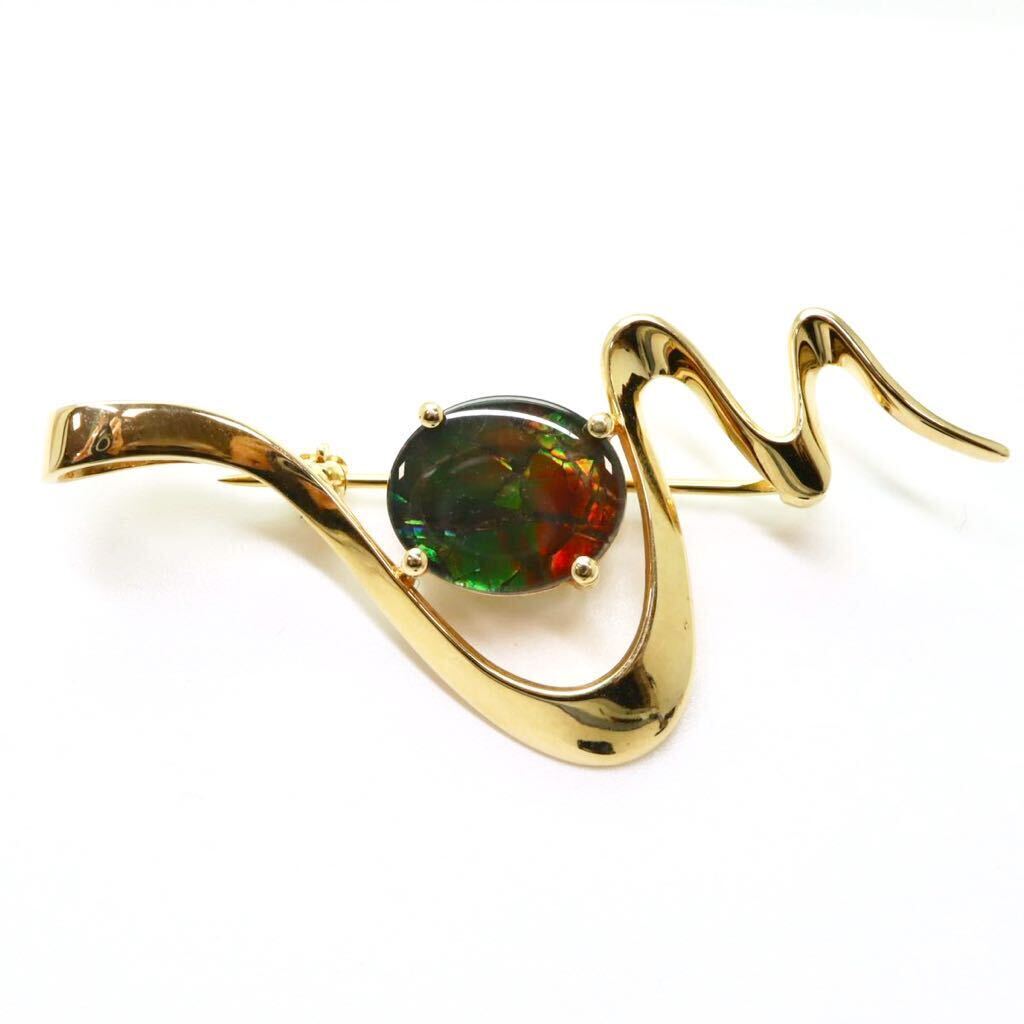 ＊K18 天然アンモライトブローチ＊a 約5.8g ammolite 遊色効果 broach jewelry ED8/EDの画像2