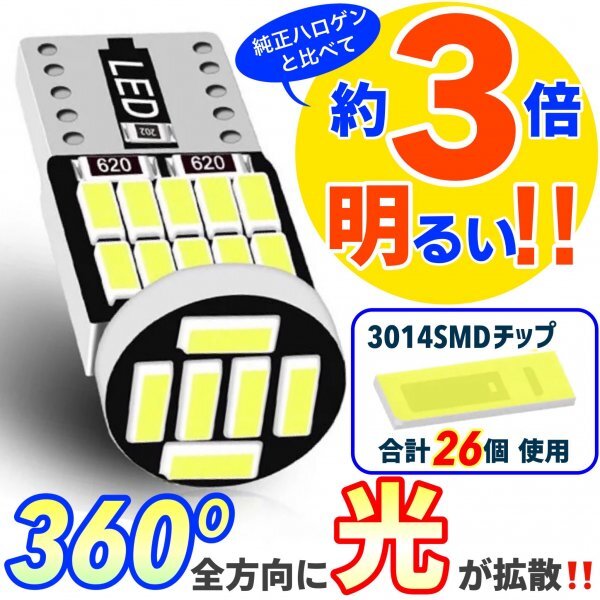 T10 T16 LED バルブ ホワイト 20個 12V 26SMD 6000K CANBUS キャンセラー ポジション ナンバー灯 メーター パネル球 明るい 爆光 車検対応の画像2