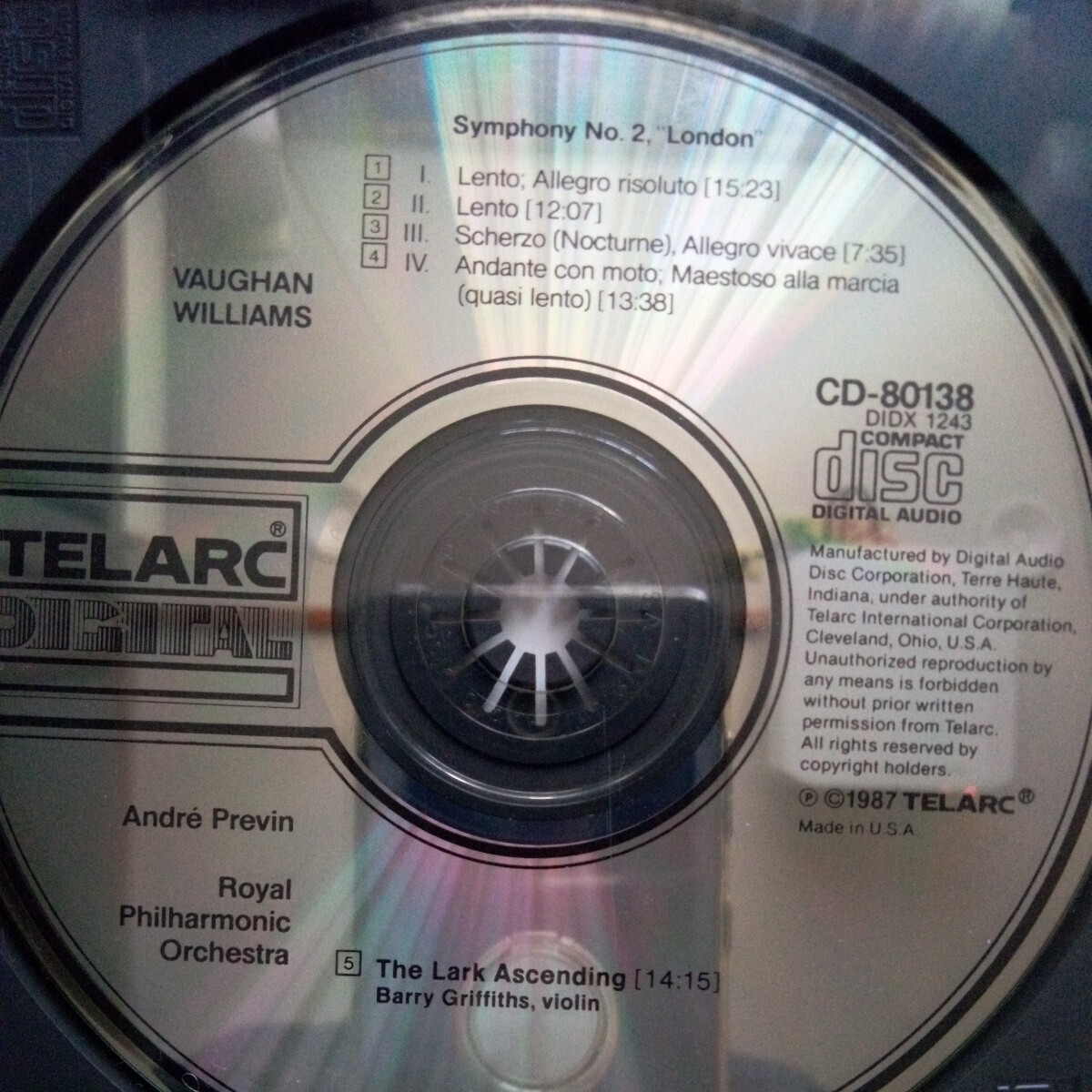 ヴォーン.ウィリアムズ/交響曲第２番「ロンドン交響曲」　アンドレ.プレヴィン指揮ロイヤル.フィルハーモニー管弦楽団　TELARC CD-80138_画像2