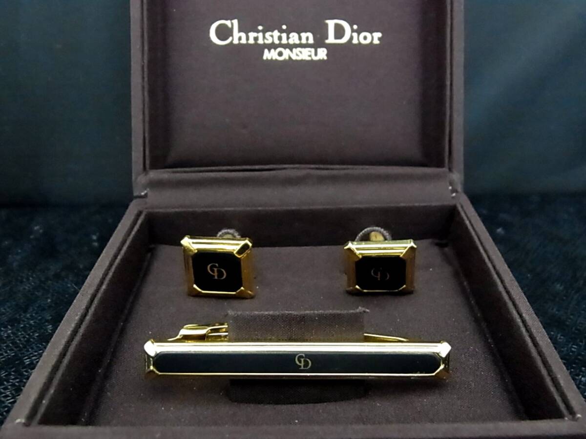 ■美品■№0291 【Dior】ディオール ネクタイ【ゴールド・ブラック】■カフス＆ネクタイピン タイピン セット♪_画像1