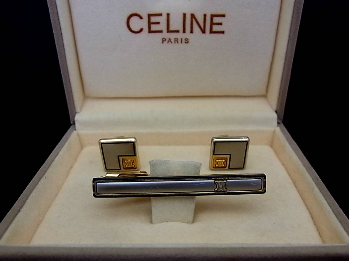 ■美品■№0502 セリーヌ【ＣＥＬＩＮＥ】【ゴールド・シルバー】■カフス＆ネクタイピン タイピン セット♪_画像1