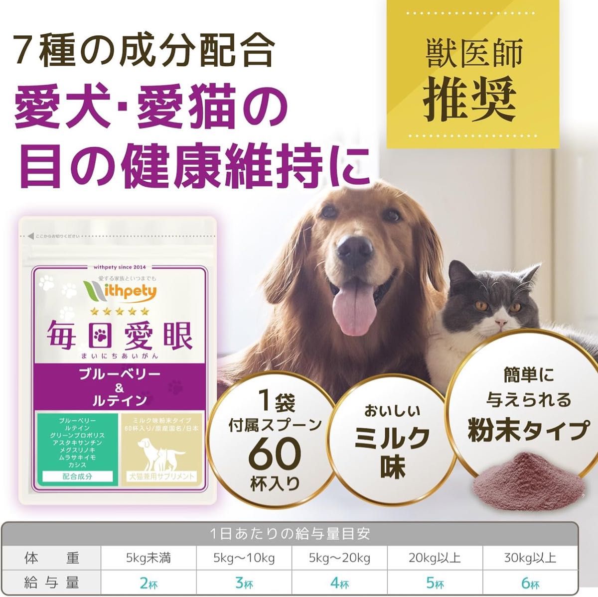 ウィズペティ 毎日愛眼 ブルーベリー ルテイン 犬用 猫用 目 サプリメント 2袋