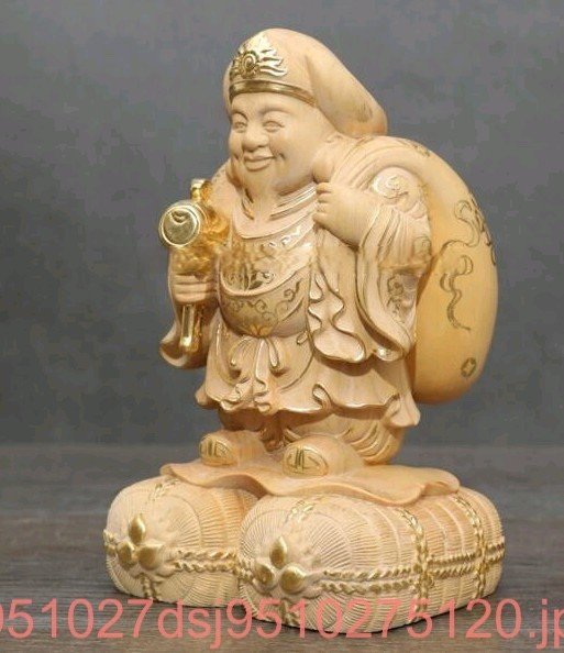 大黒天像 木製 仏教美術 ヒノキ製細密彫刻 置物 高6cm 職人手作り 木彫り_画像1