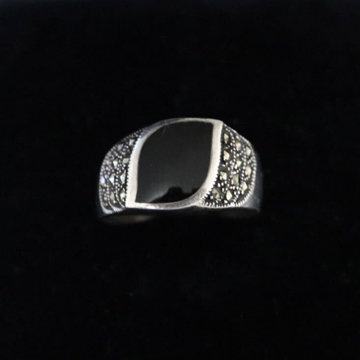 925 マーカサイト オニキス 指輪 リング SILVER シルバー アンティーク アクセサリー 約19号 T14の画像1