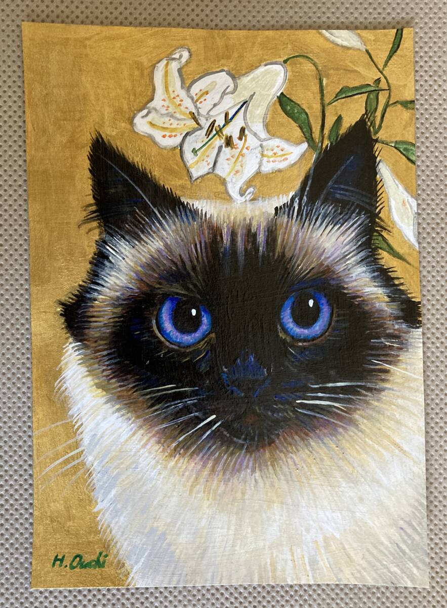 猫 絵画 アクリル画 ネコのイラスト ラグドール 真作 ゴールド系 537_画像2