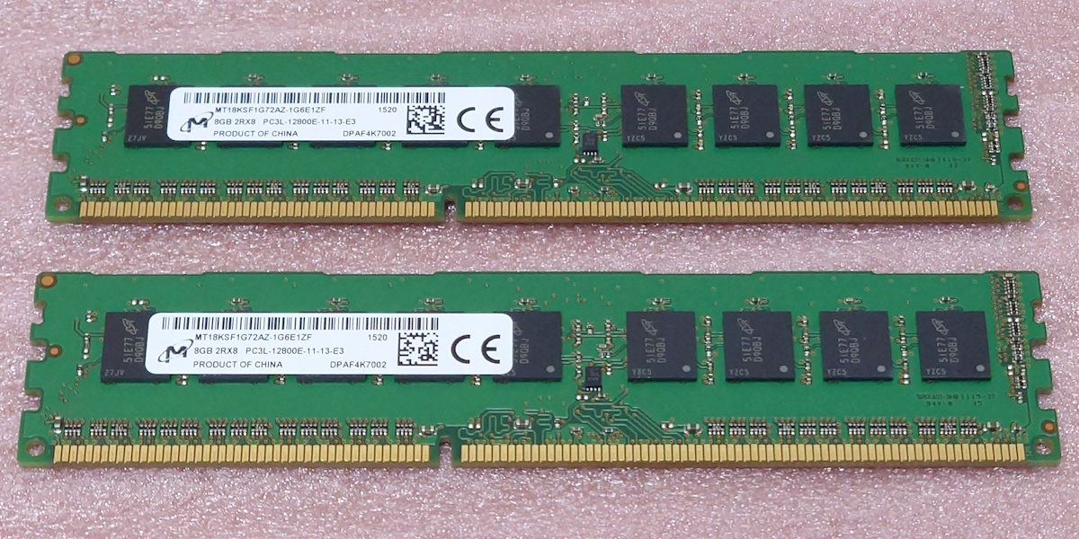 ◎Micron MT18KSF1G72AZ-1G6E1 2枚セット - PC3L-12800E/DDR3L-1600 ECC Unbuffered 240Pin DDR3 UDIMM 16GB(8GB x2) 動作品の画像1