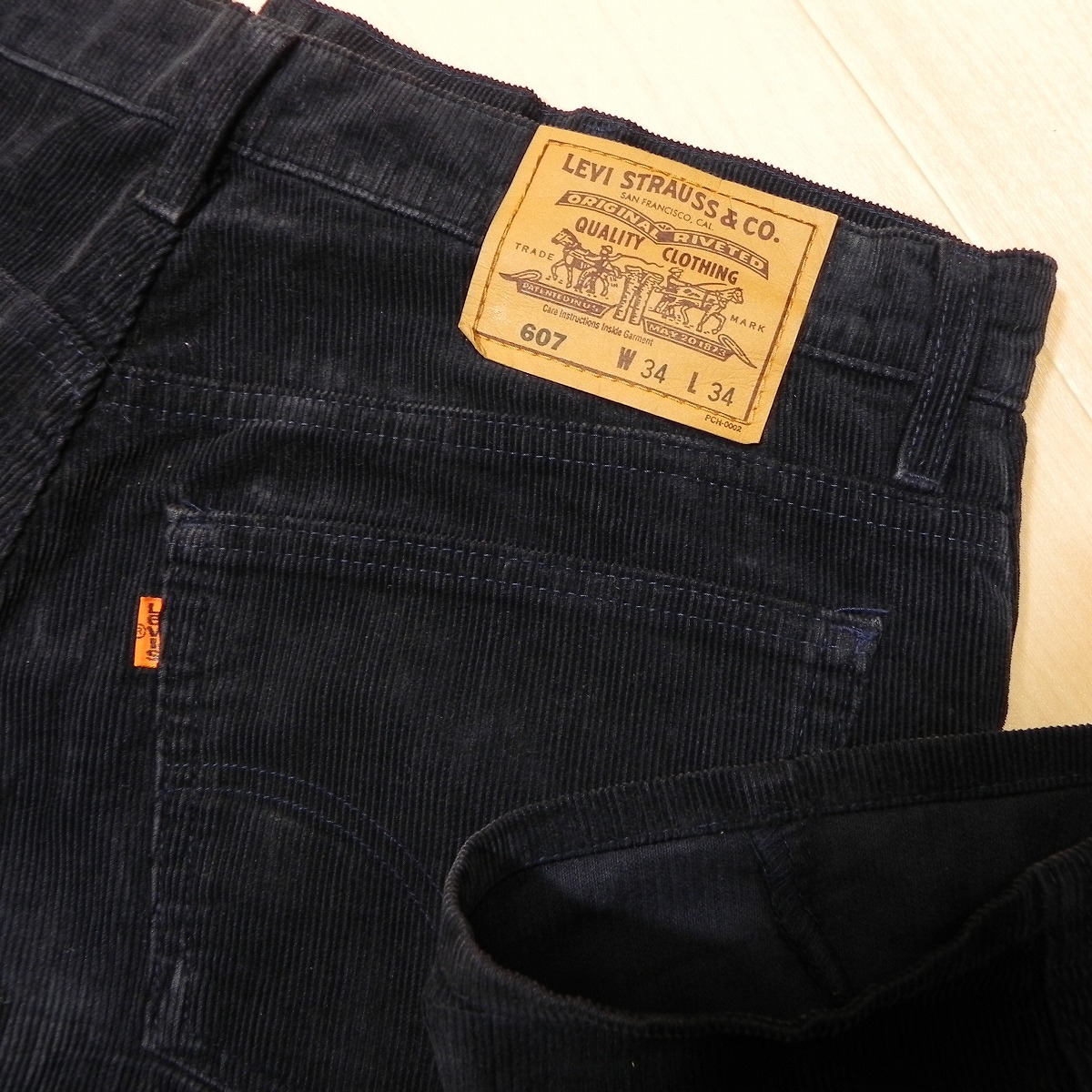 -444★ 濃紺 Levi's リーバイス 607 607-40 日本製 99年 コーデュロイパンンツ ストレート W34 ネイビー オレンジタブ 古着 即決 ★_画像3