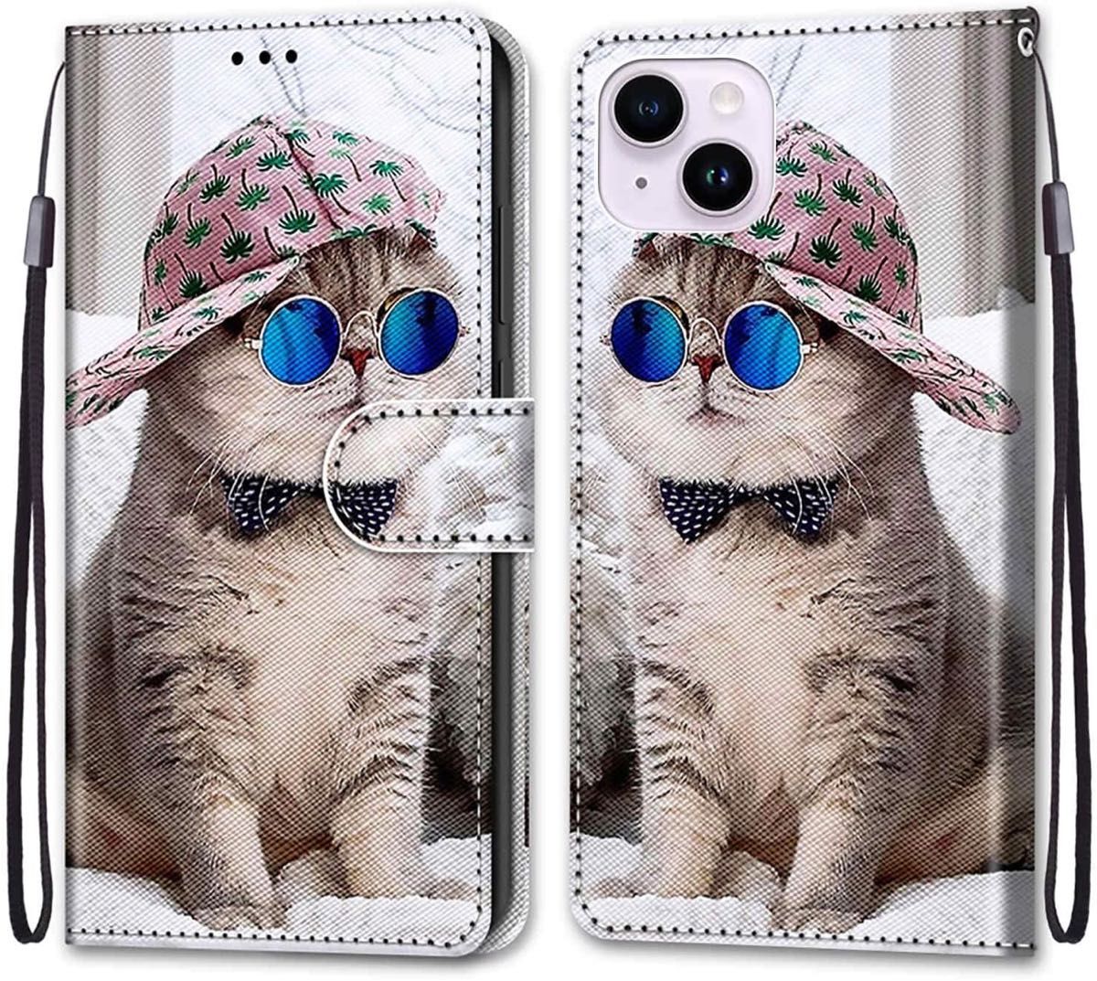 iPhone 14 手帳型 ケース かわいい 猫 眼鏡