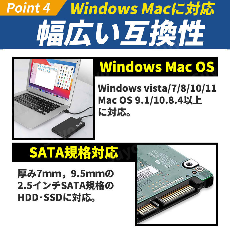 2.5インチ 外付け HDD SSD ケース USB3.0 ハードディスク SATA 5Gbps 2個 4TB ポータブル ドライブ 電源不要 高速 電源不要 互換 黒