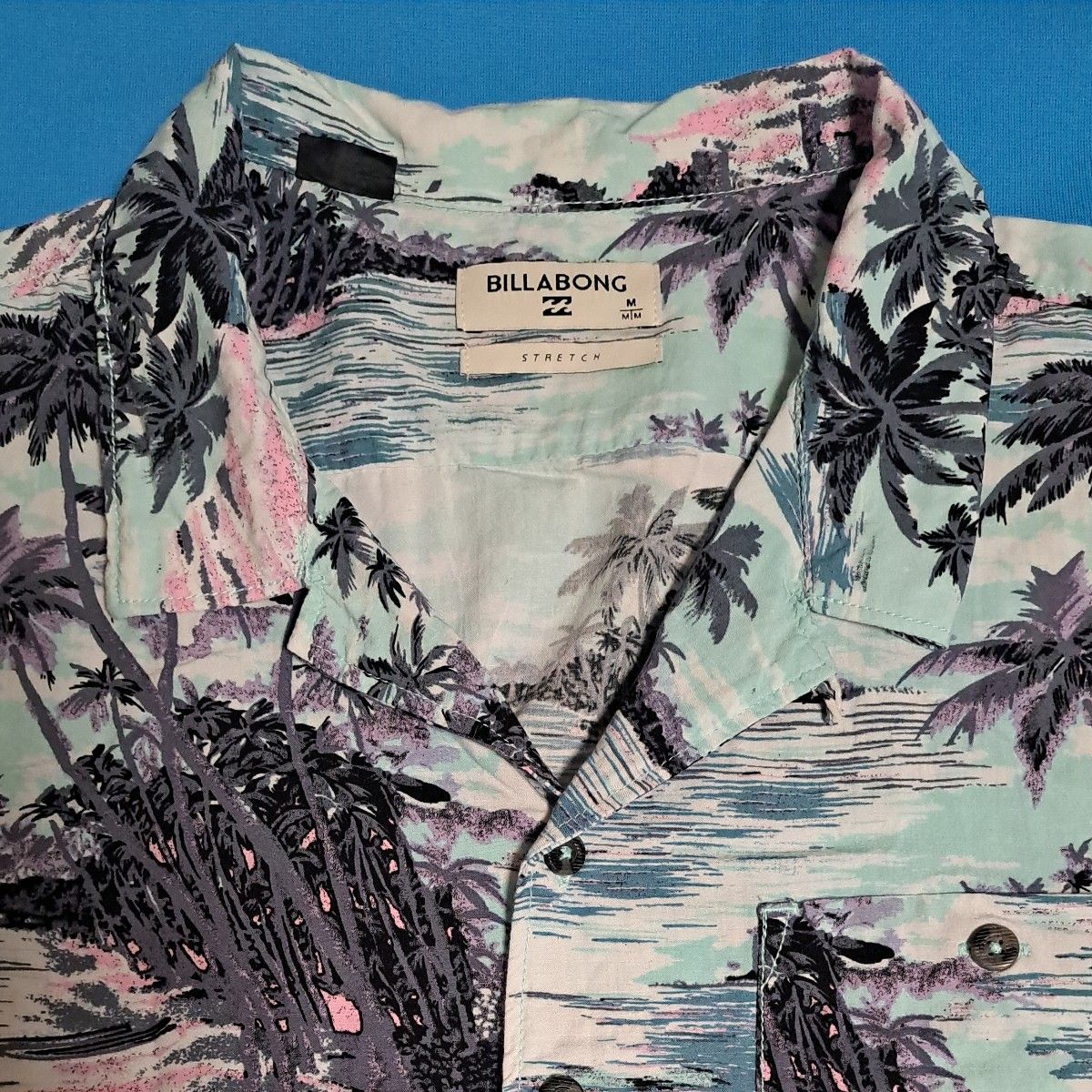 BILLABONG アロハシャツ 半袖 M ヤシの木 ビーチ 水色 グレー 綿 レーヨン 開襟 オープンカラー シャツ ビラボン