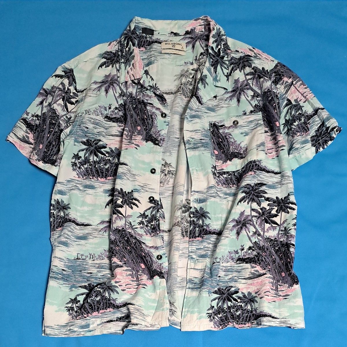 BILLABONG アロハシャツ 半袖 M ヤシの木 ビーチ 水色 グレー 綿 レーヨン 開襟 オープンカラー シャツ ビラボン