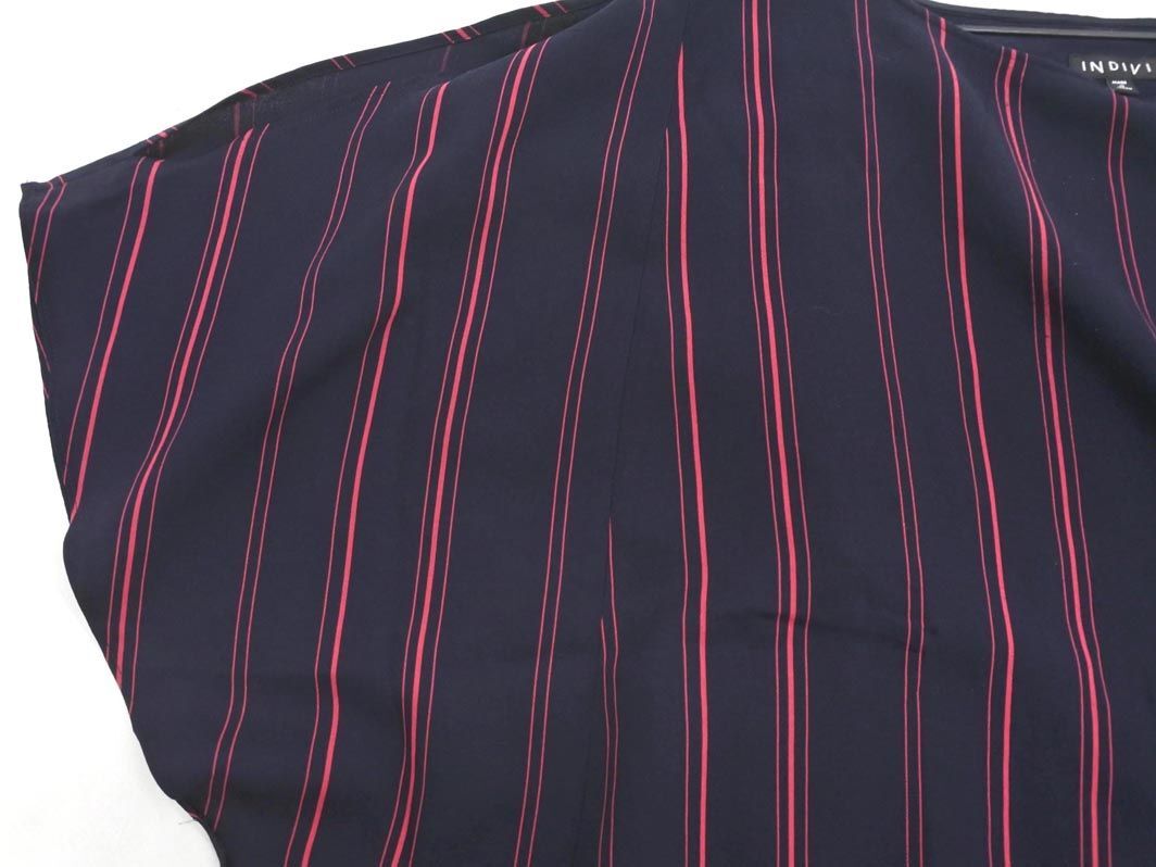  cat pohs OK INDIVI Indivi stripe flair sleeve blouse shirt size44/ navy blue x pink #* * edb6 lady's 