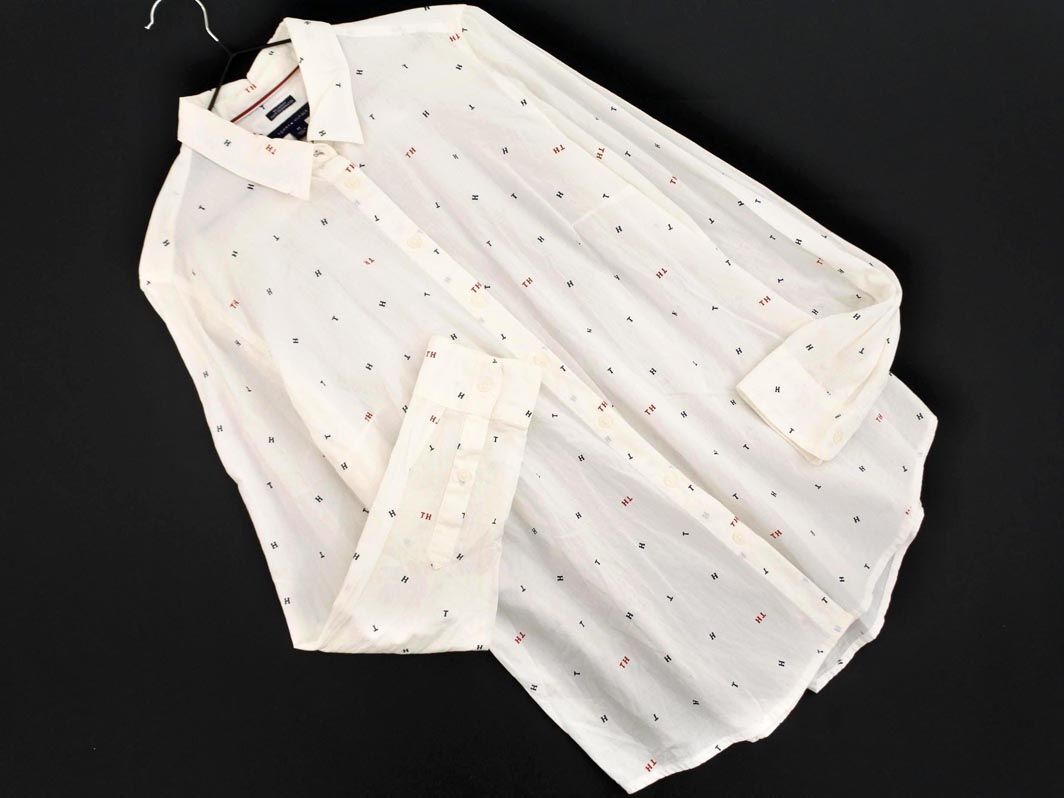  cat pohs OK Tommy Hilfiger total pattern shirt sizeM/ white #* * edb9 lady's 