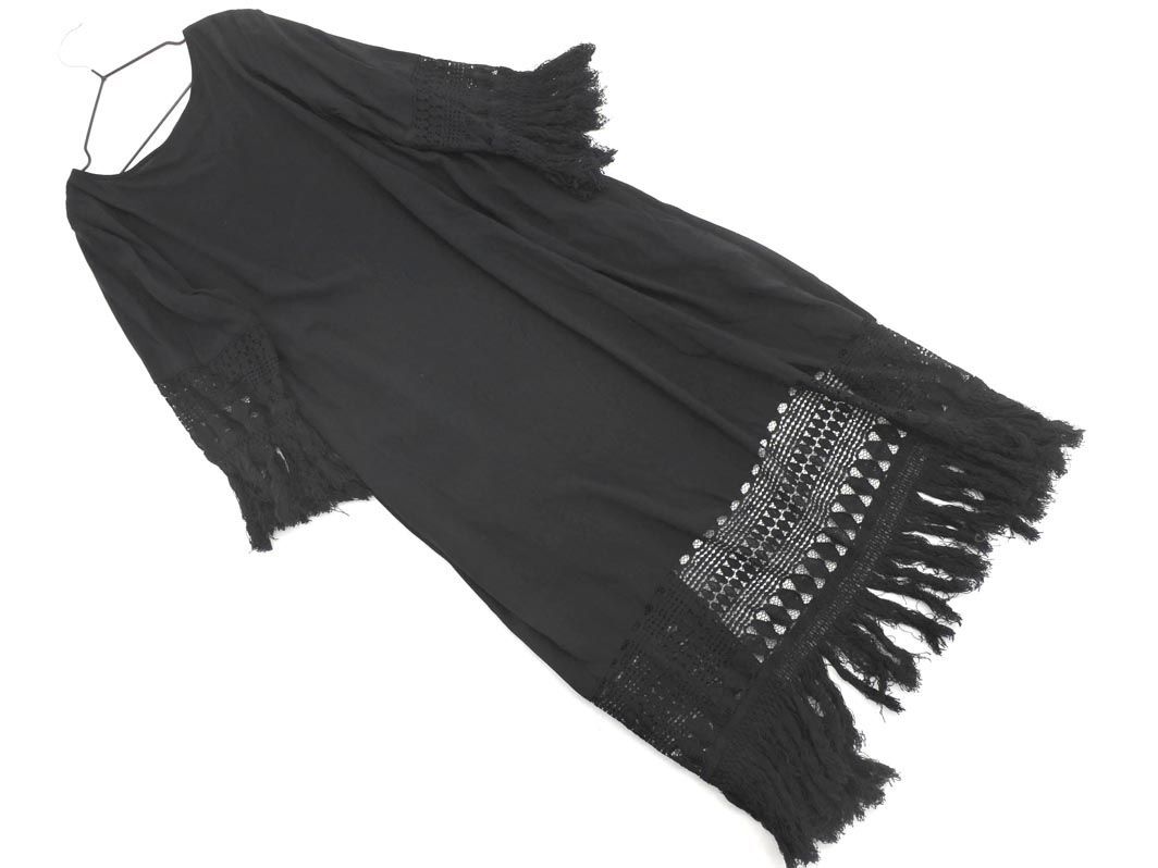 AZUL BY MOUSSY azur bai Moussy race fringe feather woven long cardigan sizeM/ black #* * edc6 lady's 