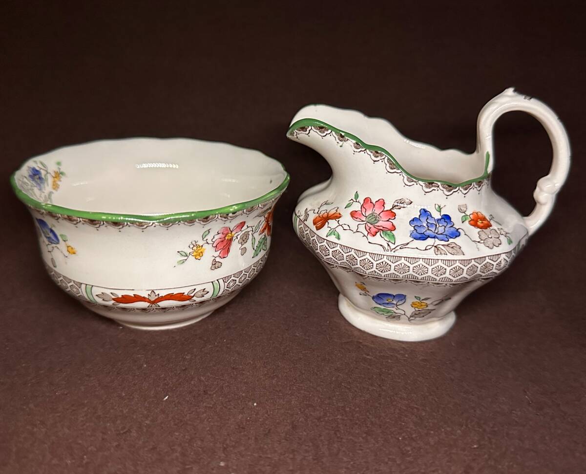  old Spode milk * Jug & bowl green tea * set shino wazli Orient. flower England antique 1913 year design registration ...