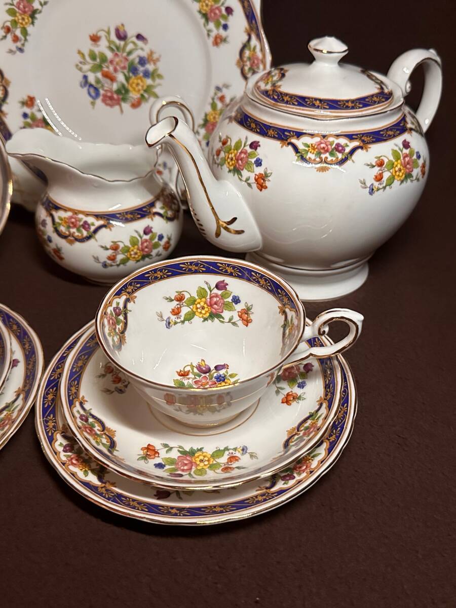超美品！タスカン ティー・フォー・トゥー ２人でお茶を ティー・ポット 花束絵 金彩 コバルトブルー イギリスの画像3