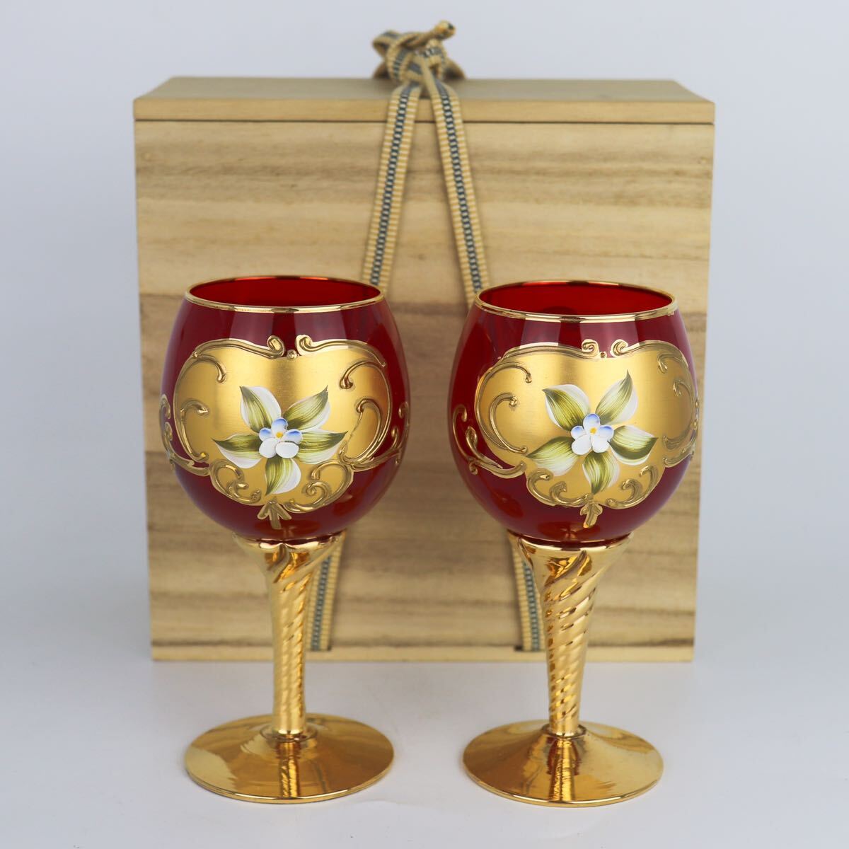 【葉】405 ベネチアン ムラノガラス 金彩 色絵 酒器 ワイングラス 共箱の画像1