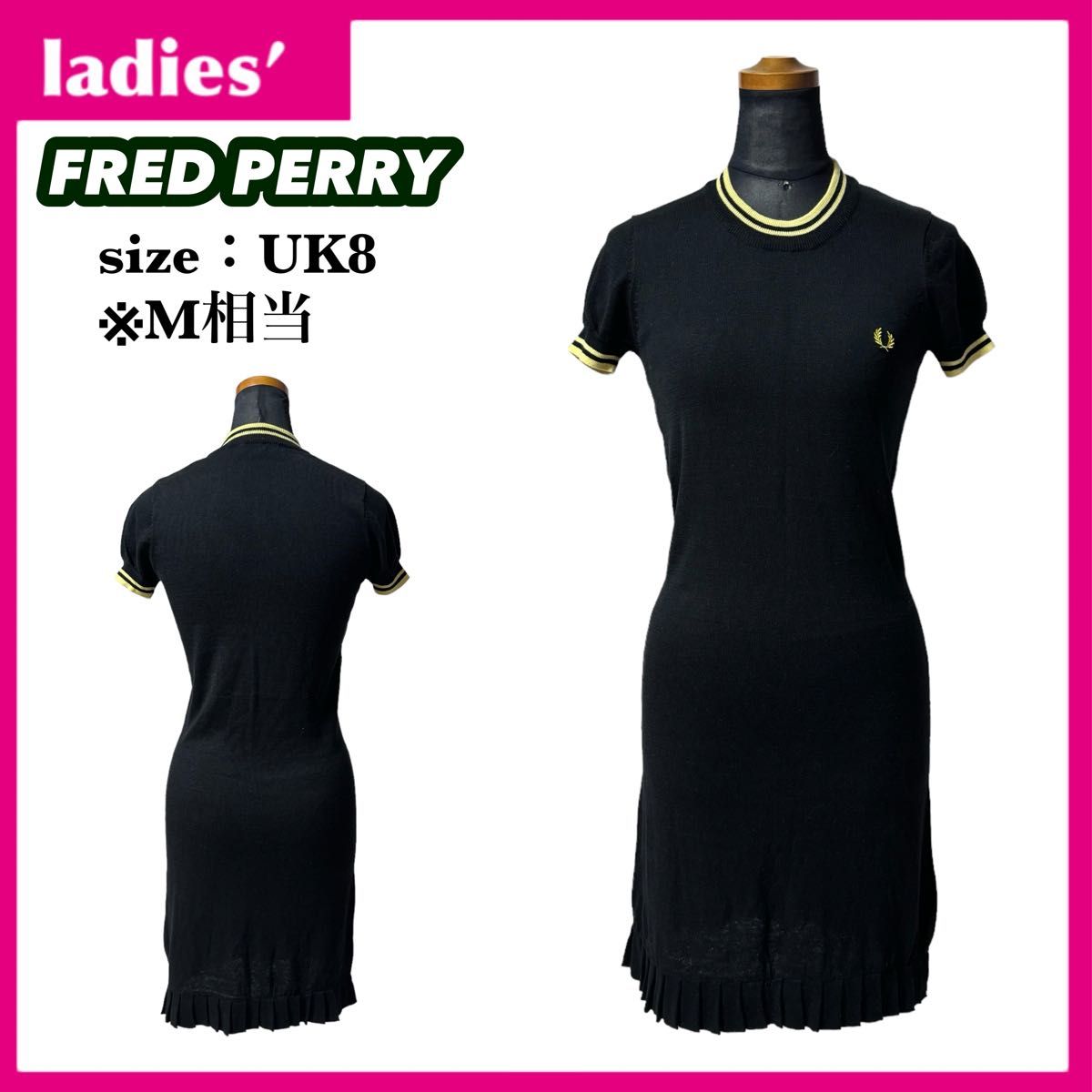 【シルク混】FRED PERRY フレッドペリー ニットワンピース サイズUK8 M相当 ブラック ワンポイントロゴ 希少デザイン