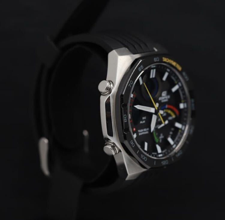 【美品】稼働 タフソーラー 良品 箱付き カシオ エディフィス ECB-950 デジアナ 黒文字盤 アラーム メンズ腕時計_画像2
