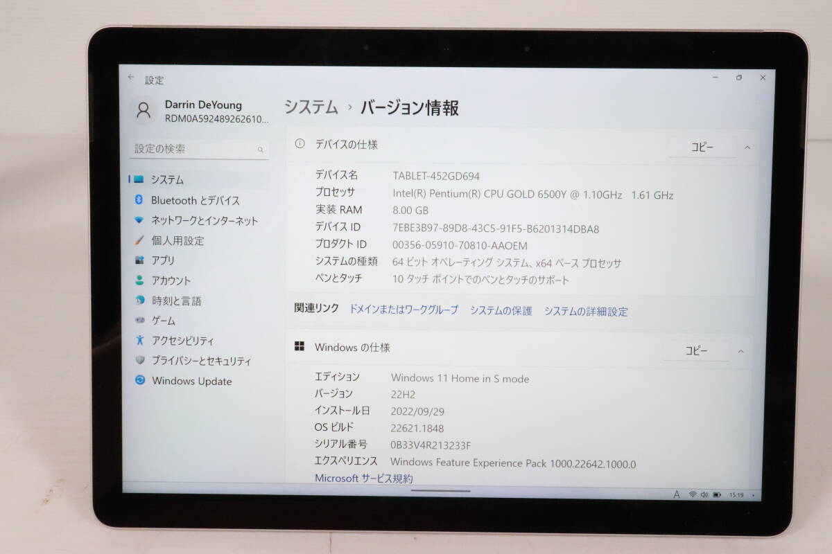 1円～★簡易動作確認済★Microsoft Suface Go 3 Win11 Deomo デモ機 GOLD6500Y/SSD 128GB/8GB RAM サーフェス タブレット S296の画像3