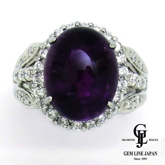 シモンズグランドセール 美品 ソーティング付 リング プラチナ 0.7ct ダイヤモンド 5.88ct アメジスト カボション アメジスト