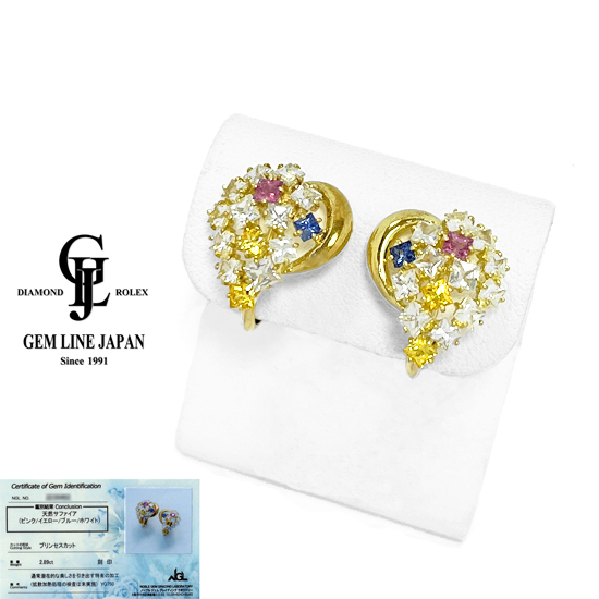 絶対一番安い マルチカラー K18 ジュネ サファイア NGLカード鑑付 イヤリング ハート 2.89ct サファイア
