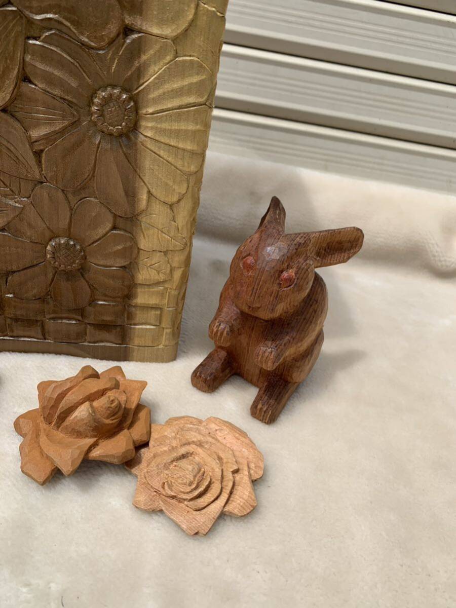【木彫り】金沢 ダストボックス・ウサギ・カメ・フクロウ・バラ 置物・ハンドメイド・ブローチ・兎・亀・梟・薔薇の画像3