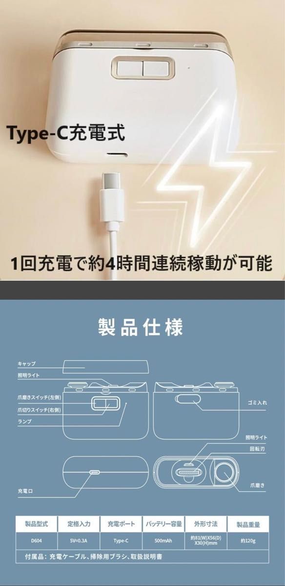 電動爪切り 機器 ネイルケア 一台二役 2段階スピード調整 LEDライト付 USB充電 コンパクト 静音 安全 硬爪 子供 大人 