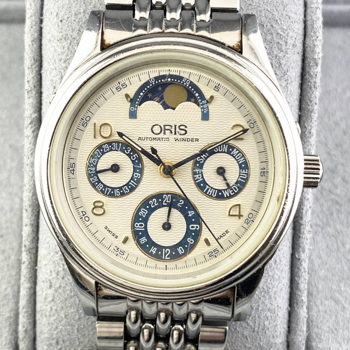 【1円〜】ORIS オリス 腕時計 メンズ AT 自動巻 コンプリケーション S.A.7433C ムーンフェイズ シルバー系文字盤 裏スケ 可動品の画像8