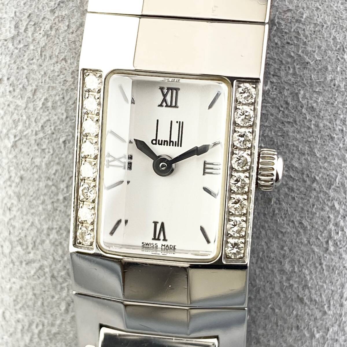 【1円〜】Dunhill ダンヒル 腕時計 レディース 8016 ダイヤベゼル ホワイト文字盤 スクエア ブレスウォッチ 可動品の画像1