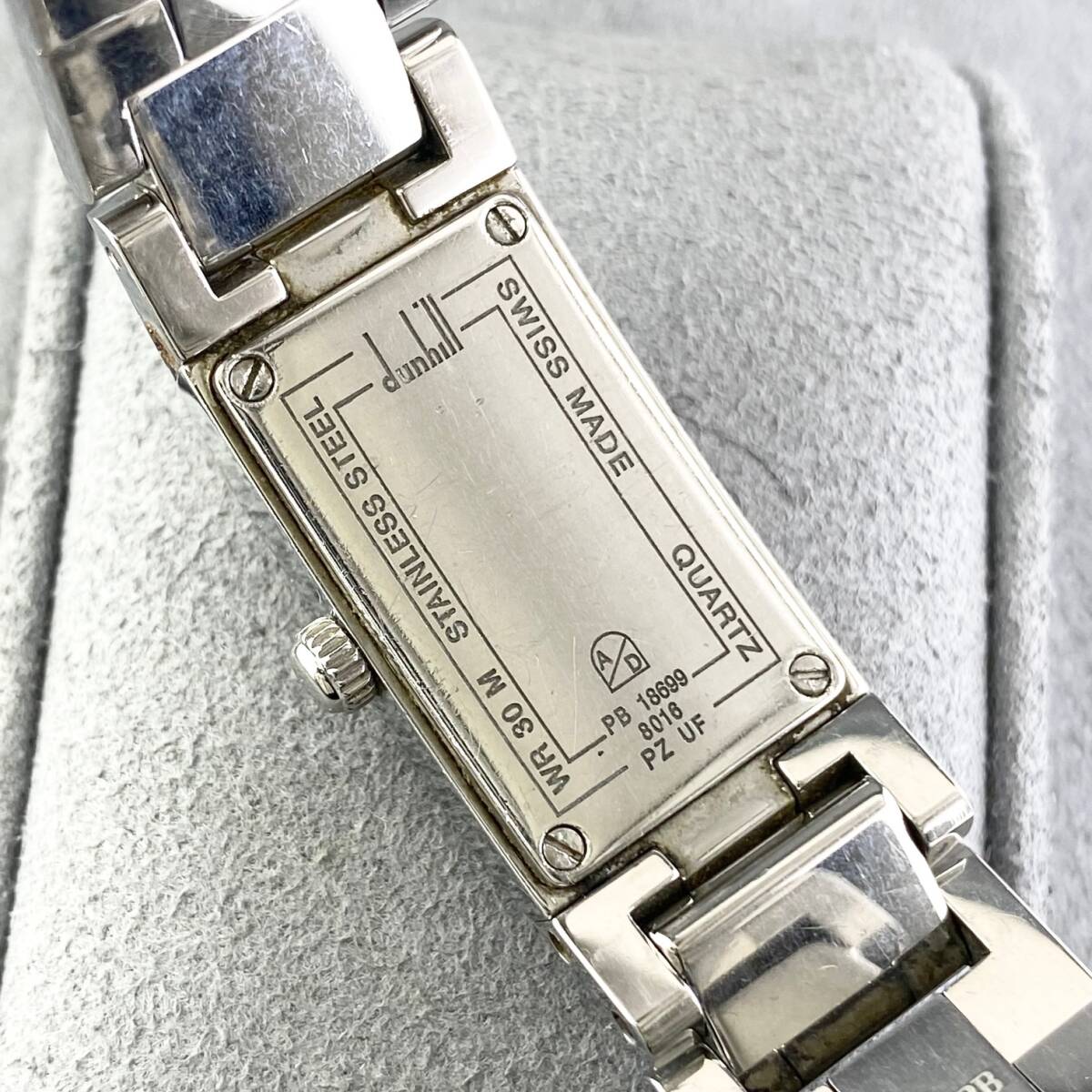 【1円〜】Dunhill ダンヒル 腕時計 レディース 8016 ダイヤベゼル ホワイト文字盤 スクエア ブレスウォッチ 可動品の画像6