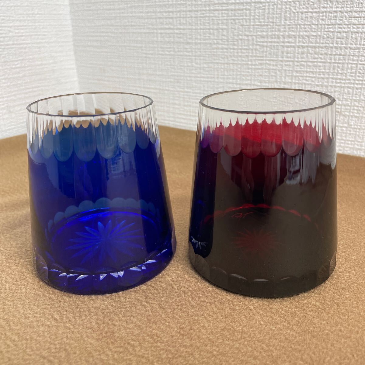 富士山 切子 ペアグラス 赤 青 グラス キリコ 江戸切子 薩摩切子_画像1
