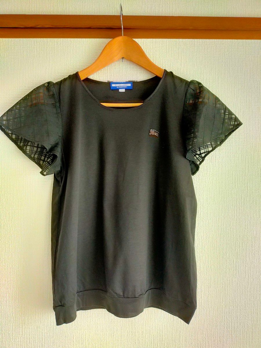 レア バーバリー バーバリーブルーレーベル Tシャツ 黒 チェック 半袖  キレイめ カットソー  バーバリーマーク ロゴ