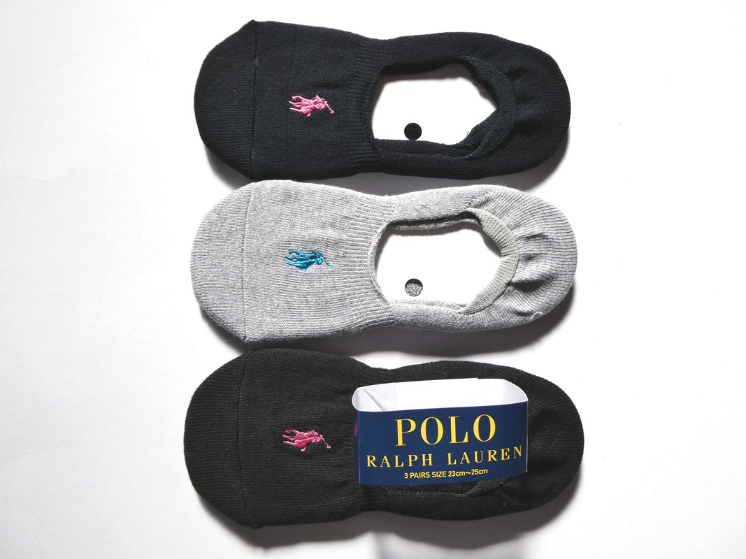 POLO ラルフローレン新品！3足セット マーク刺繍ベリーショートソックス 23-25cm黒紺灰 送料無料フットカバーパイル靴下 カラーの画像1